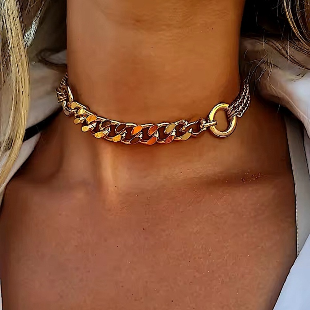 Gold Chain Link O Ring Choker Necklace Statement Cuban Chain Link Gold Plated.